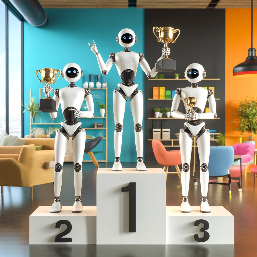 A winner&#039;s podium with three genderless robots celebrating, each holding a trophy. The robots have a sleek, modern design with neutral features. The podium is positioned in a modern office setting with bright colors, contemporary furniture, large windows letting in natural light, and vibrant decor. The first-place robot stands in the center, elevated above the second and third place robots on either side, all expressing joy. Created by DALL-E.