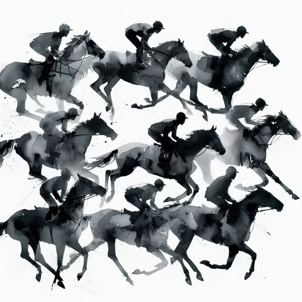 Two abstract horse silhouettes, depicted with graceful, sweeping brushstrokes, emerge from a misty gray background. The minimalistic strokes capture the essence of movement and speed, evoking a sense of mystery and tranquility reminiscent of Japanese calligraphy. Created with Copilot.