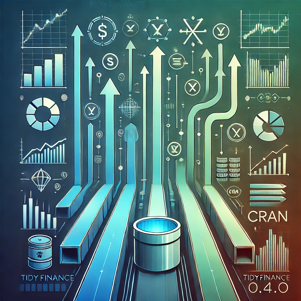 Abstract illustration of a data flow pipeline with arrows and lines moving from financial icons like stock charts, currency symbols, and graphs towards a central tidy data frame. The background features a gradient of deep blues and greens, symbolizing finance and technology. The text ‘tidyfinance 0.4.0’ and a small CRAN logo are prominently displayed, with additional subtle financial icons integrated into the design. Created with DALL-E.