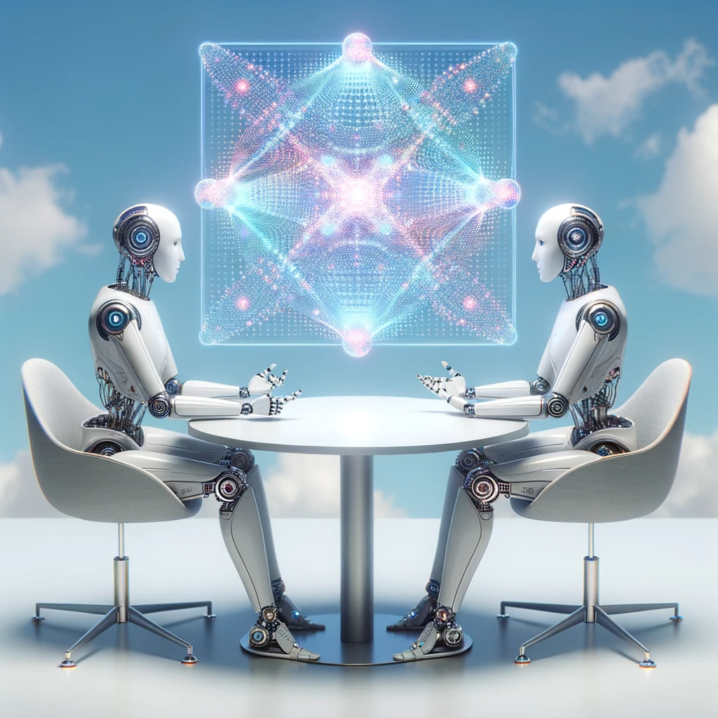 A 3d rendered  image of two stylized AI robots sitting at a round table, immersed in a discussion with a large, abstract, holographic projection of a collaborative filtering algorithm matrix in the middle. Created with DALL-E 3.